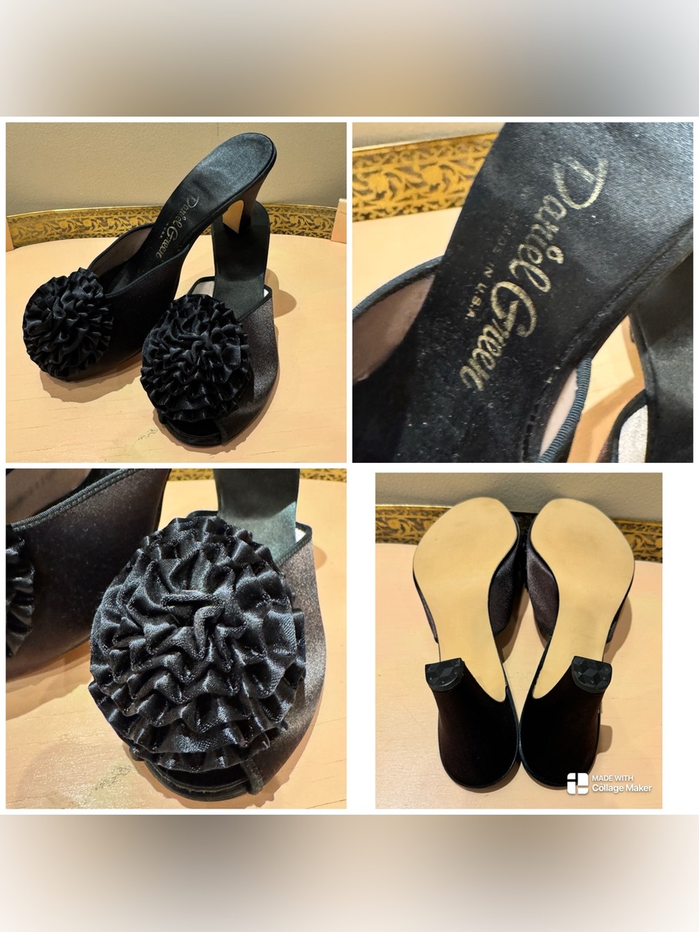 Vintage 50s Daniel Green black satin heeled boudoir slipper heels